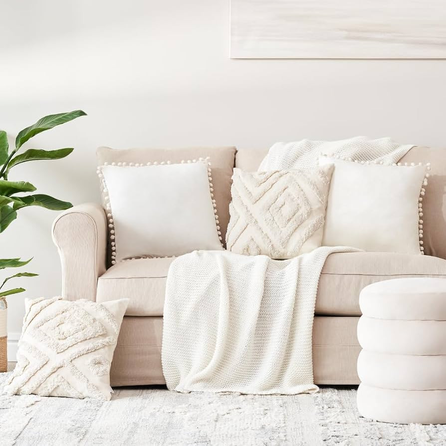 Cream Boho Pillow Covers 18x18 Throw Pillows for Couch - Boho Throw Pillows with Soft Velvet Pom ... | Amazon (US)