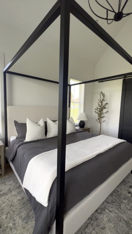 Modern canopy bed, pottery barn atwell canopy dupe from Wayfair, linen bedding, accent pillows for bedroom, neutral bedroom decor, linen comforter, nightstand lamp, bedroom rug, gray comforter, barefoot dreams blanket dupe 

#LTKVideo #LTKxTarget #LTKhome