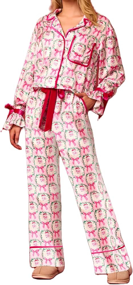 Faretumiya Cute Christmas Pajamas Women Bow Tie Long Sleeve Shirt Pants Pj Set Xmas Graphic Print... | Amazon (US)