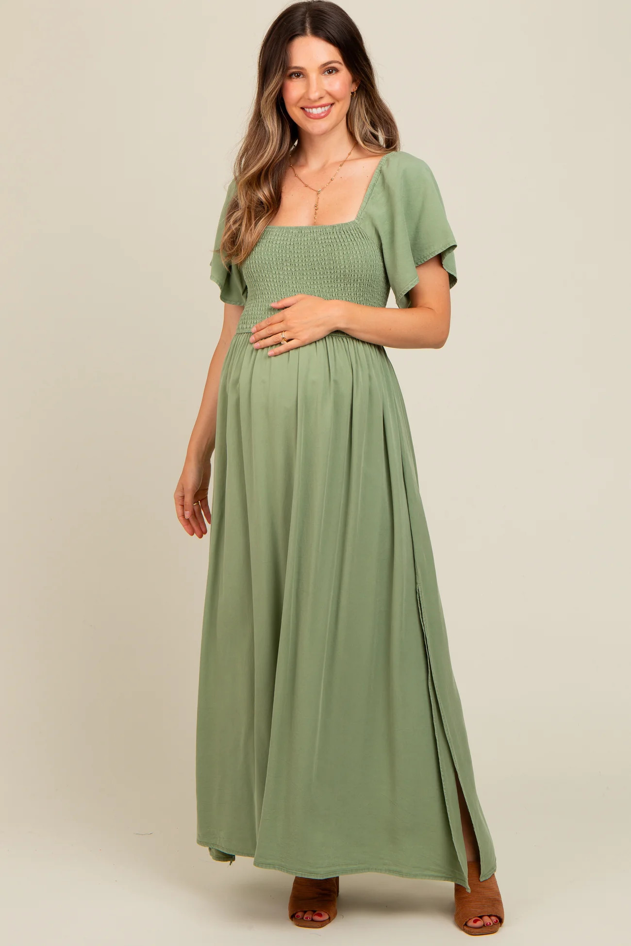 Light Olive Chambray Smocked Maternity Maxi Dress | PinkBlush Maternity