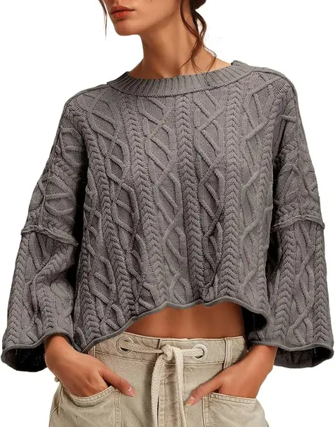 Womens Cable Knit Cropped Sweaters Oversized Fall Long Sleeve Pullover