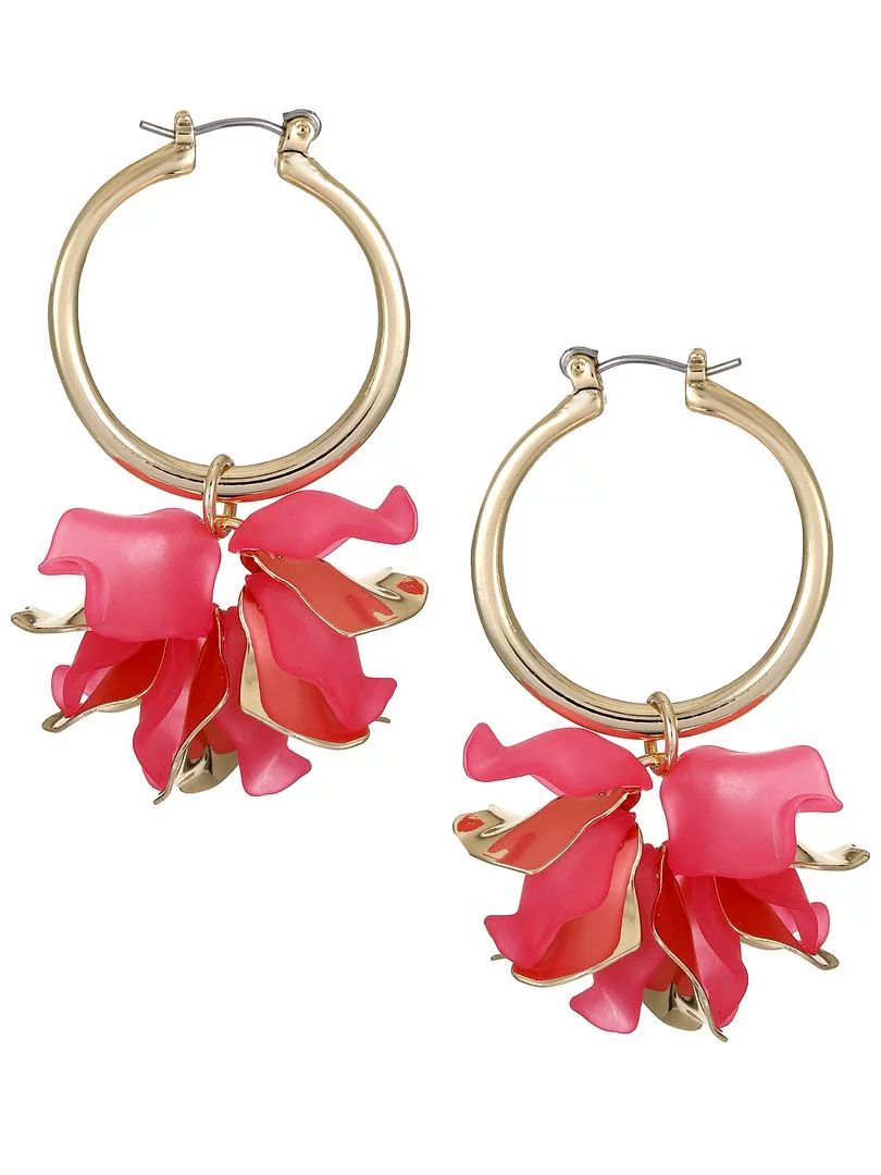 Time and Tru Women's Gold Tone Snap Lever Hoop Earring with Acrylic Flower, Bright Pink | Walmart (US)