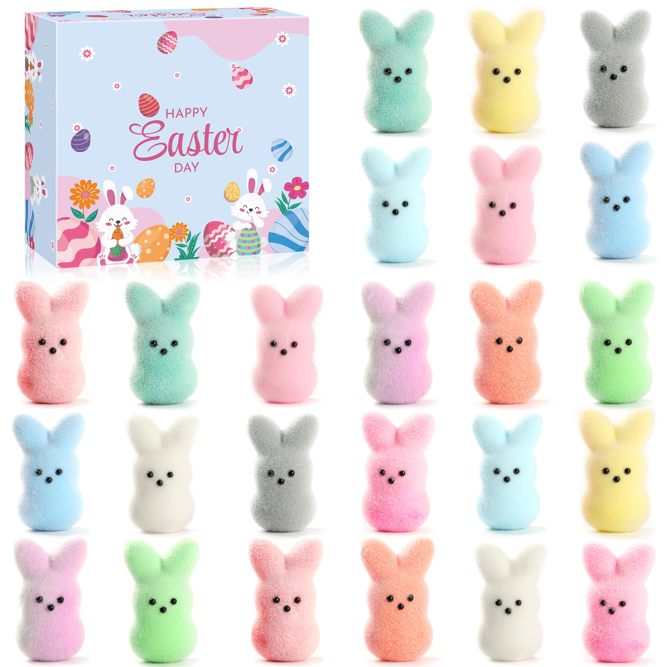 Easter Bunny Figurines Set of 24, Realistic Fuzzy Rabbit Decorations, Easter Basket Stuffers & Ho... | Amazon (US)