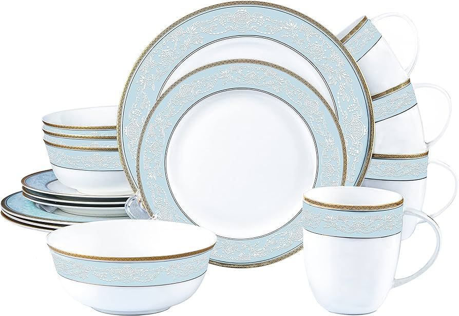 Fine Bone China Dinnerware Set,WPSLNWO 16 Pcs Classic Relief Pattern Gilt Edged High Grade Porcel... | Amazon (US)