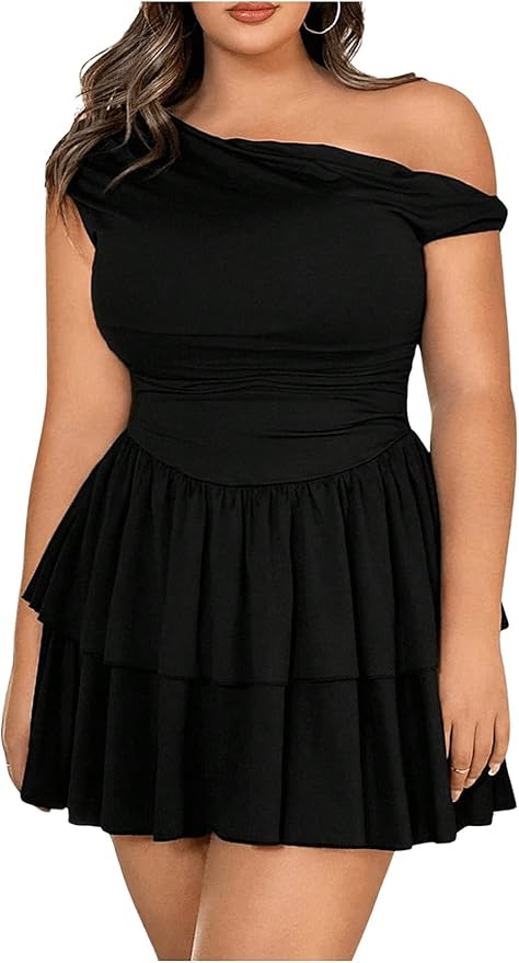Floerns Women's Plus Size Asymmetrical Neck Mini Dress Short Sleeve Party Tiered Dress | Amazon (US)