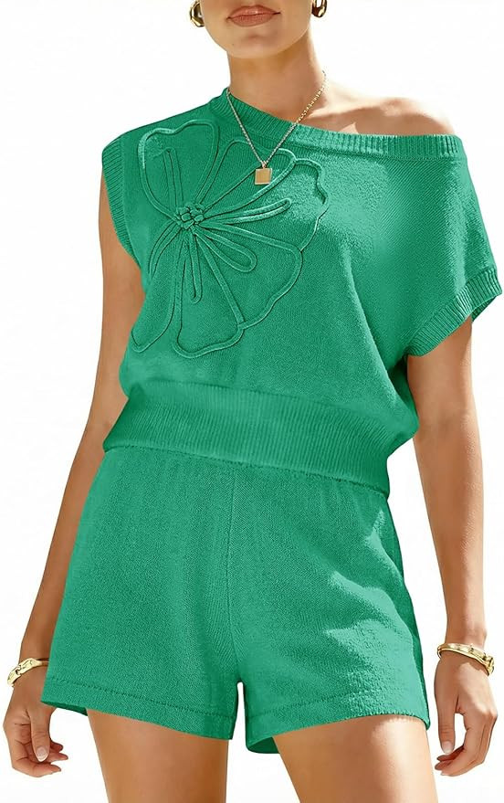 Saodimallsu Womens Off The Shoulder 2 Piece Sweater Sets Short Sleeve Floral Tops Summer Matching... | Amazon (US)