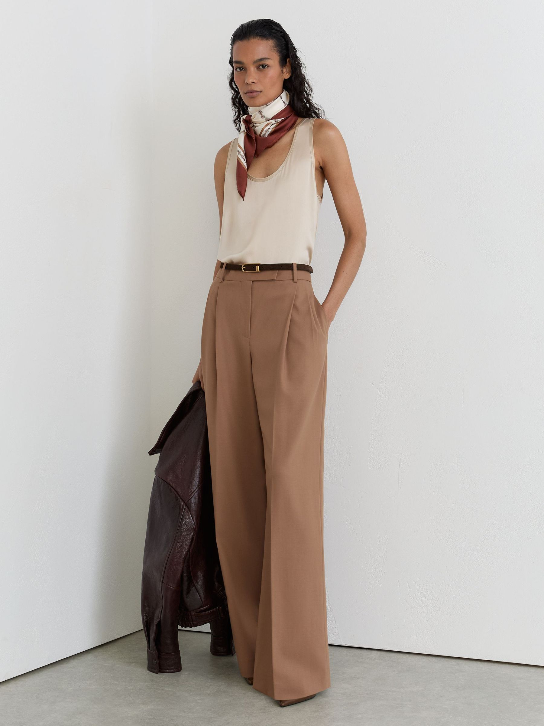 Reiss Wool-Blend Wide-Leg Pleated Trousers in Camel | REISS | Reiss US