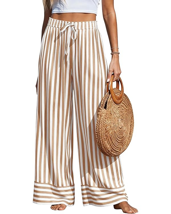 PRETTYGARDEN Womens Palazzo Pants 2026 Summer Striped Wide Leg Trousers Elastic Waist Flowy Loung... | Amazon (US)