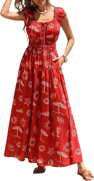 PRETTYGARDEN Women Boho Floral Maxi Sun Dress | Flowy A Line, Smocked Waist, Square Neck, Pockets... | Amazon (US)