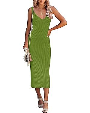 MEROKEETY Womens 2024 Summer V Neck Knit Midi Dress Bodycon Sleeveless Ribbed Sweater Dresses | Amazon (US)
