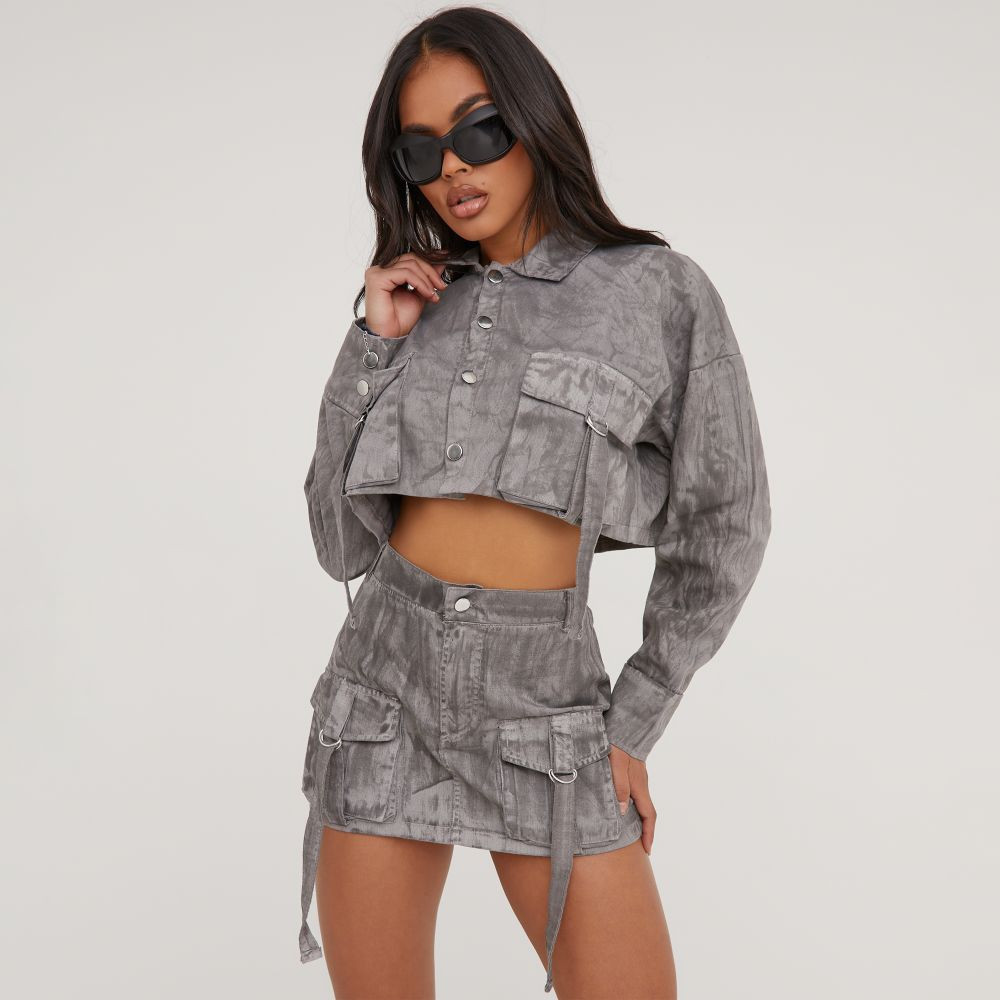 Oversized Belt Detail Cargo Style Cropped Jacket In Dark Grey Acid Wash | EGO Shoes (US & Canada)