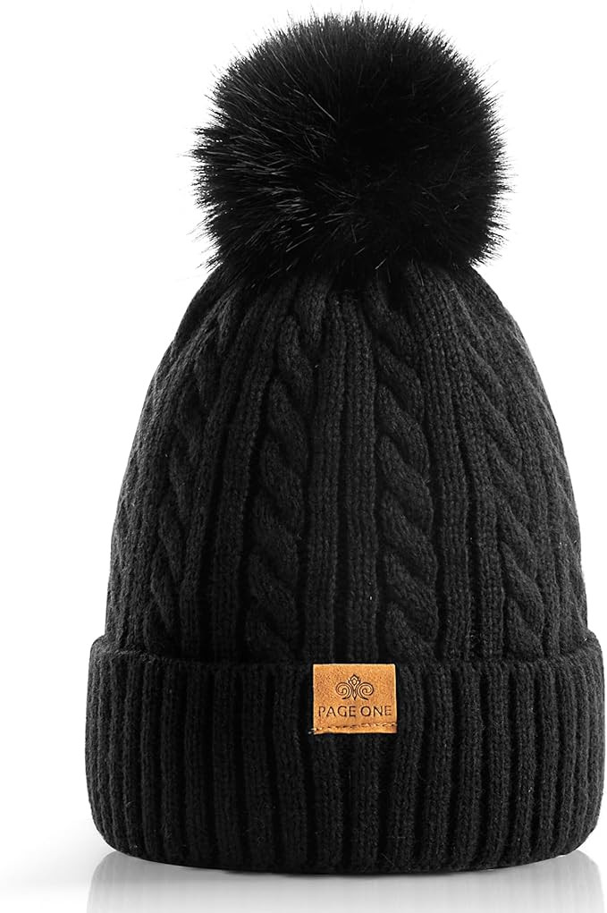 PAGE ONE Women Winter Pom Pom Beanie Hats Warm Fleece Lined,Chunky Trendy Cute Chenille Knit Twis... | Amazon (US)