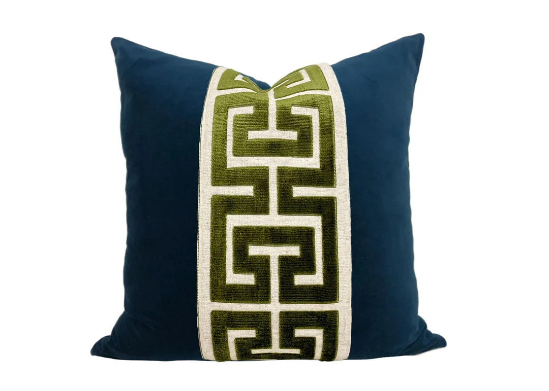 Navy Blue Velvet Pillow Cover With Large GREEN Greek Key Trim - Etsy | Etsy (US)