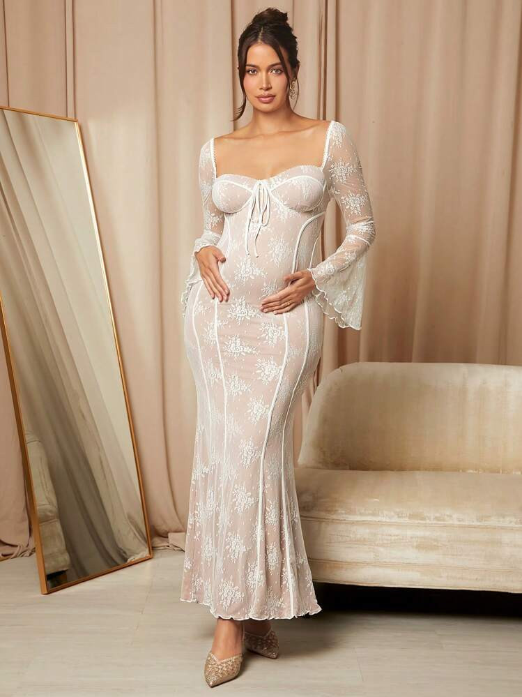 Lace Ruffle Hem Maternity Dress, White Long Sleeve Bodycon Pregnancy Dress For Baby Shower | SHEIN