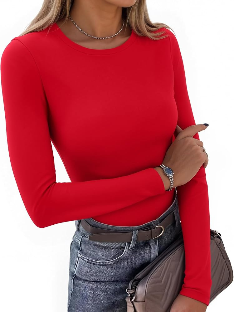 Crewneck Long Sleeve Shirts for Women Slim Fitted Tees Tight Basic Tops Red at Amazon Women’s C... | Amazon (US)