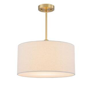 Warwick 1-Light Modern Brass Drum Cream Fabric Shade Pendant Light | The Home Depot