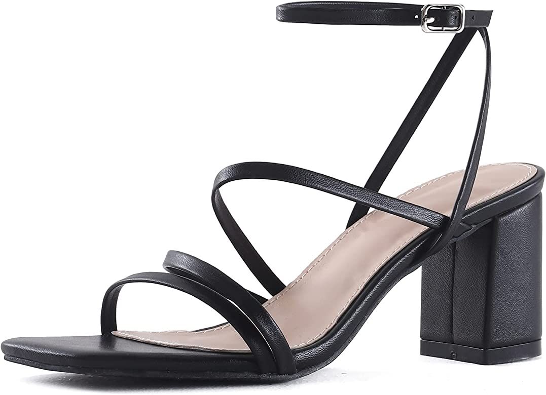 LACUONE Strappy Heels for women Block Heels Square Toe Chunky Ankle Buckle Pump Heeled Sandals | Amazon (US)
