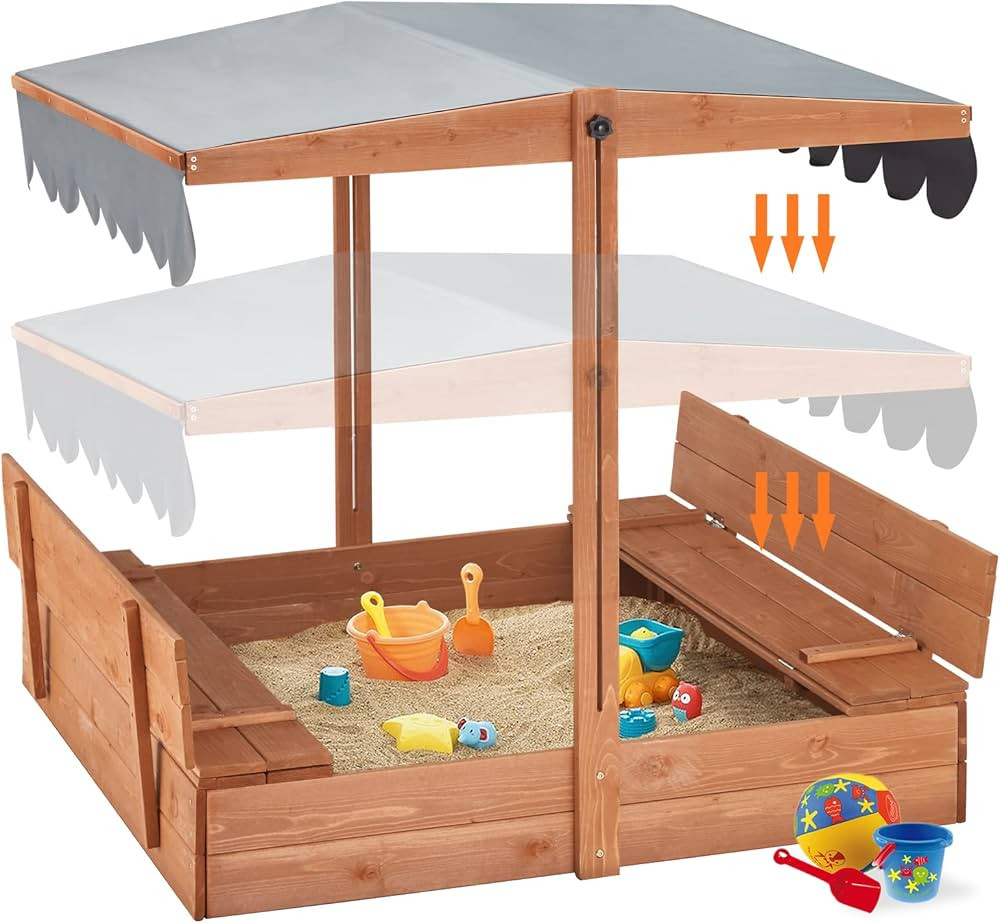 YOLENY Kids Sandbox with Cover, Height Adjustable Roof, Foldable Bench Seats for Aged 3-8, Wooden... | Amazon (US)