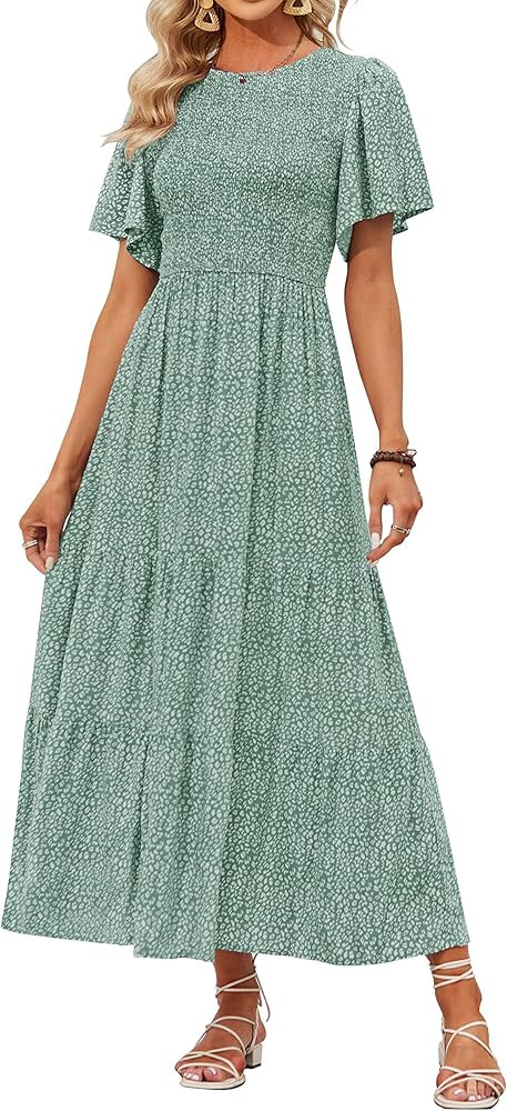 ZESICA Women's 2026 Spring Boho Floral Maxi Dresses Casual Short Flutter Sleeve Smocked Tiered Fl... | Amazon (US)