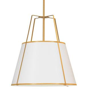 Trapezoid 4-Light Gold Frame Pendant with White Fabric Shade | The Home Depot