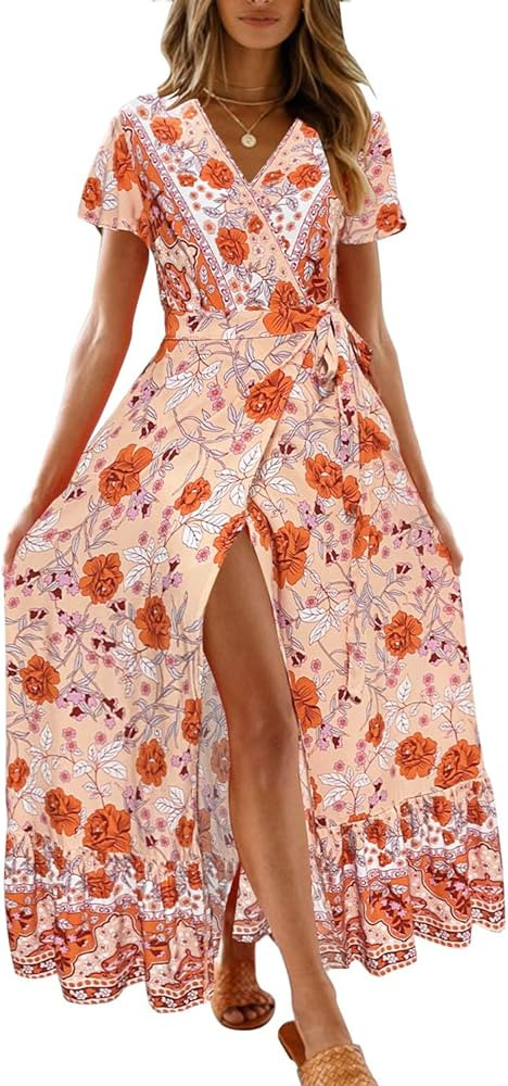 ZESICA Women's 2023 Bohemian Floral Printed Wrap V Neck Short Sleeve Split Beach Party Maxi Dress | Amazon (US)