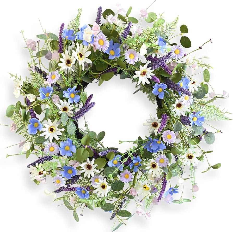 Wildflower Spring Wreath for Front Door 24 Inch - Artificial Daisy Lavender Spring Wreath, Mixed ... | Amazon (US)