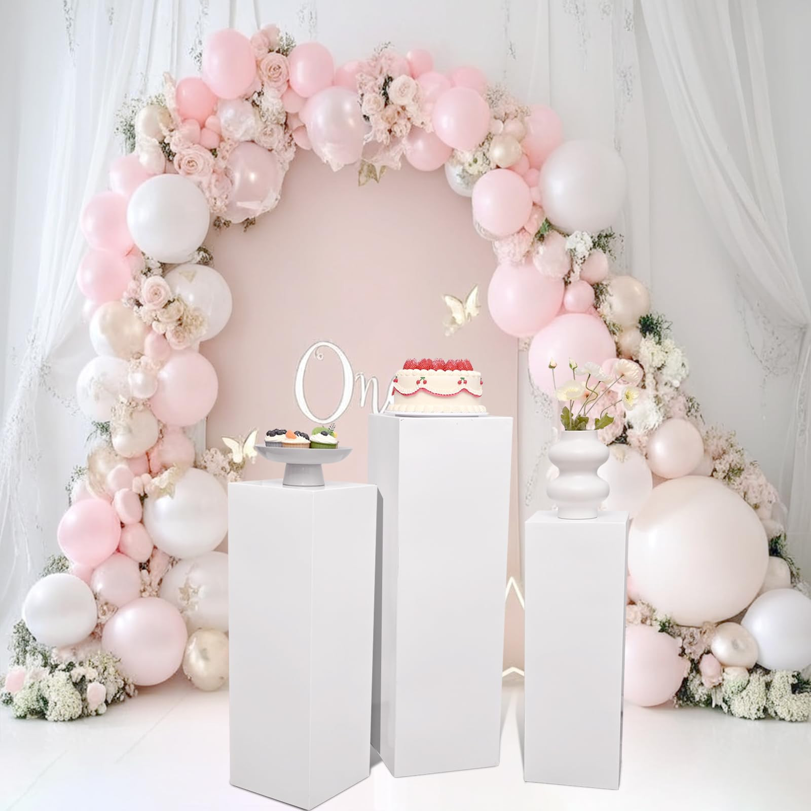3PCS Metal White Display Pedestal Stand for Parties, Square Tall Pedestal Cake Stands Pillars for... | Amazon (US)