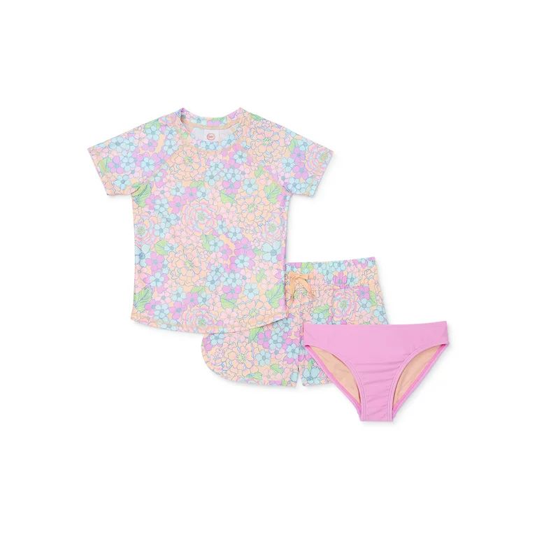 Wonder Nation Girls Rashguard, Shorts and Swim Bottom Set, 3-Piece, Sizes 4-18 & Plus | Walmart (US)