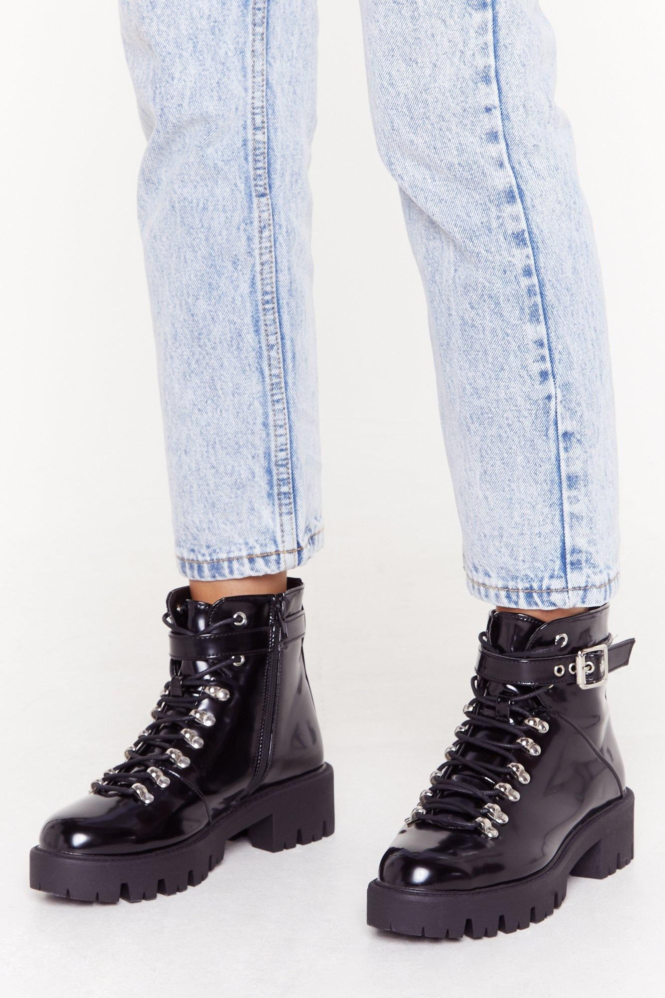 Patent Faux Leather Buckle Boots with Low Block Heel | NastyGal (US & CA)