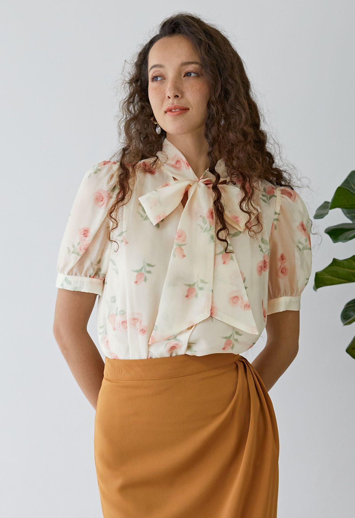 Self-Tie Bowknot Rose Printed Sheer Shirt | Chicwish