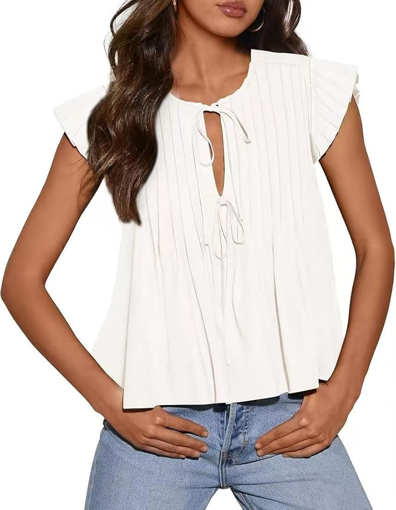 Women's Ruffle Cap Sleeve Bow Tie Top Elegant Office Blouse Shirt Summer Loose Fit Cute Flowy Dre... | Amazon (US)