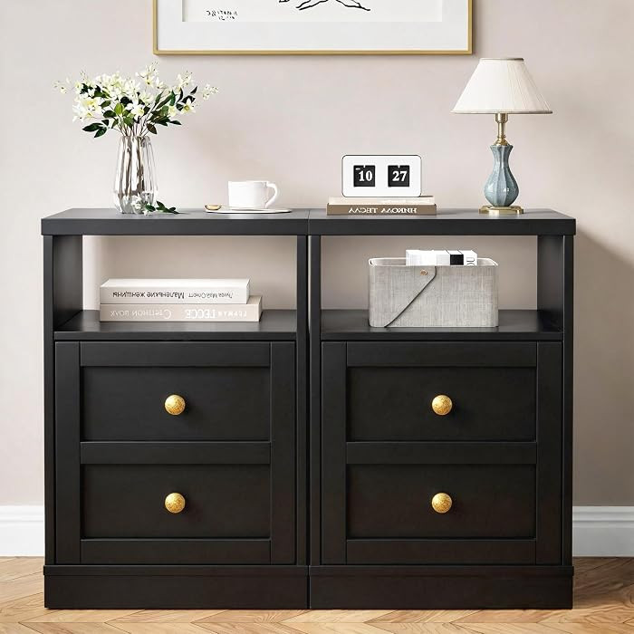 RoyalCraft Black Nightstand Set of 2, Small End Table with Storage Shelf and Door, Faux Two-Drawe... | Amazon (US)