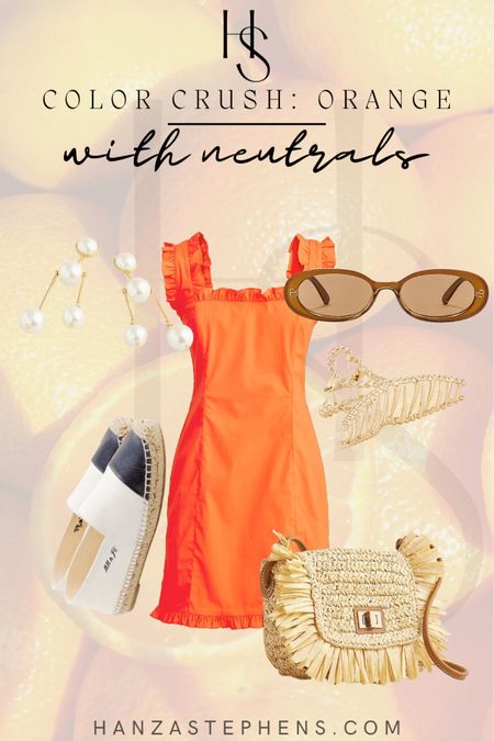 Orange with neutrals 
Orange mini dress with neutral accessories 

#LTKshoecrush #LTKstyletip