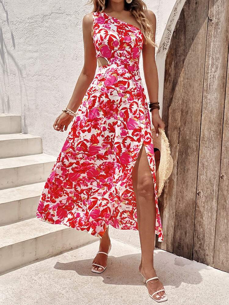 SHEIN VCAY Allover Floral Print One Shoulder Split Thigh Dress
       
              
           ... | SHEIN