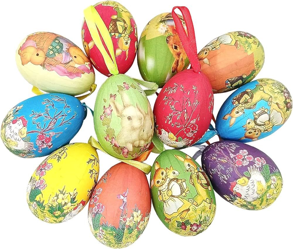 12pcs Vintage Style Paper Mache Foam Egg Hanging Ornaments Easter Decoration | Amazon (US)