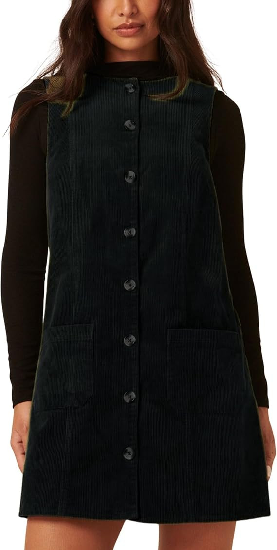 Athlisan Women's Corduroy Mini Dress A Line Pinafore Button Down Sleeveless Round Neck Overall Dr... | Amazon (US)