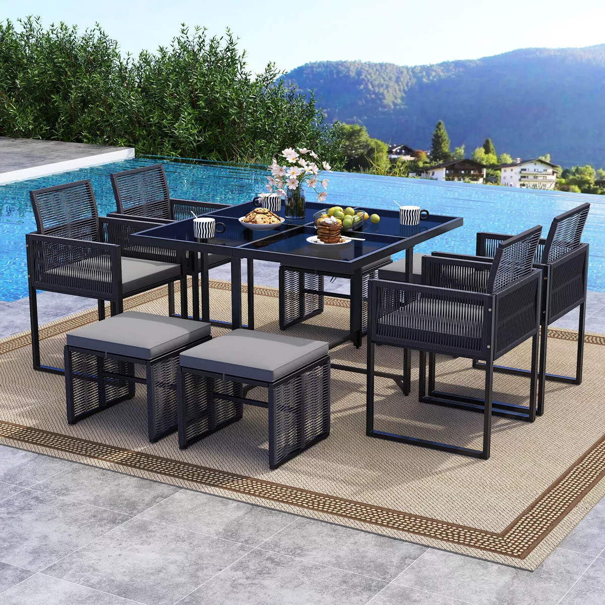Costway 9 PCS Patio Dining Set with PE Rattan Chairs Tempered Glass Table and Ottomans | Target
