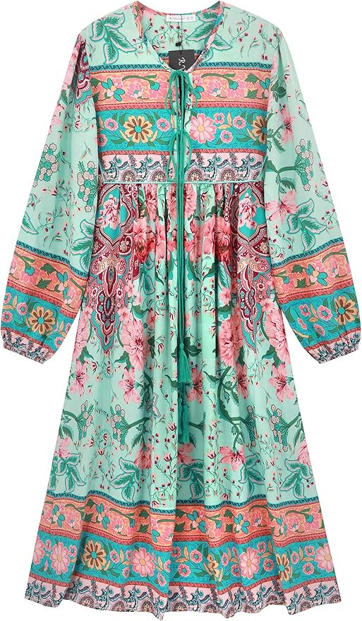R.Vivimos Women's Long Sleeve Floral Print Retro V Neck Tassel Bohemian Midi Dresses | Amazon (US)