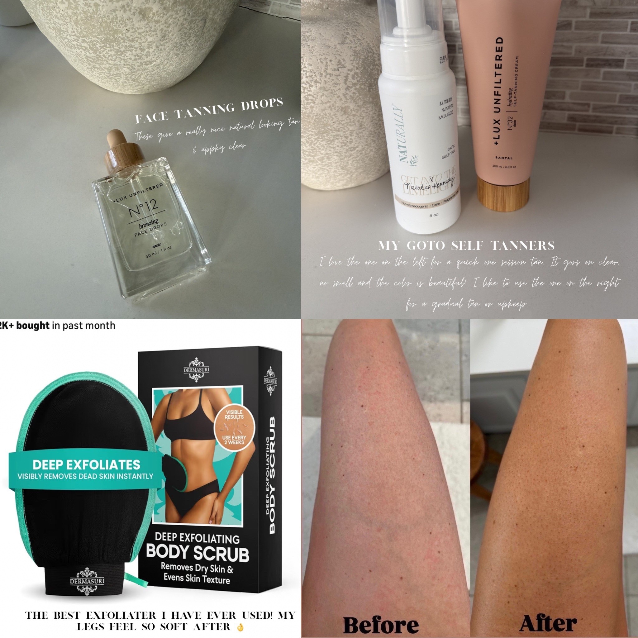 I don’t know about you, but a good tan always makes me feel so much better 👍🏼 These are my goto products to get the perfect glow 👌 The Get Into the Limelight mousse goes on clear, has no scent and the color is so natural! I use Lux Unfiltered if i want a more gradual tan or to keep my tan going. Also love their face tanner. This exfoliating glove is the best I have ever used! It leaves my legs feeling so smooth! 

Self tanning routine, Lux Unfiltered, Get Into the Limelight, self tanner, face tanner, body tanner, gradual tanner, beauty product must haves, nighttime routinee

#LTKBeauty #LTKselfcare #LTKmorningroutine