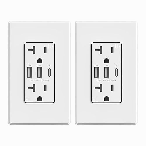 ELEGRP USB Outlets Receptacles, 3-Port Wall Outlet, 30W 6.0A Electrical Outlet, 20 Amp Tamper-Resistant Outlet with Type C Ports, UL Listed, Wall Plate Included, 2 Pack, Matte White | Amazon (US)