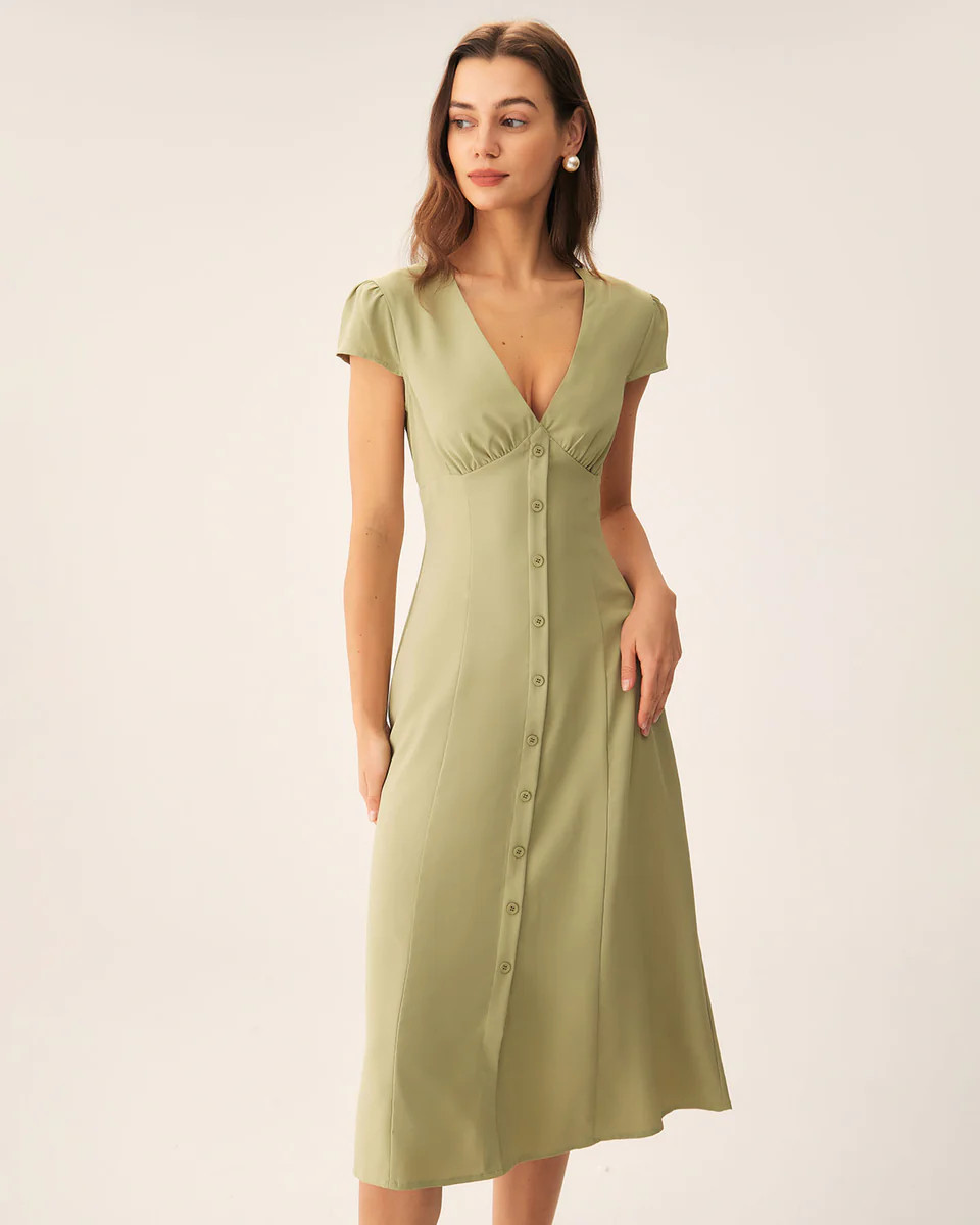 Green V-Neck Button Midi Dress | rihoas.com