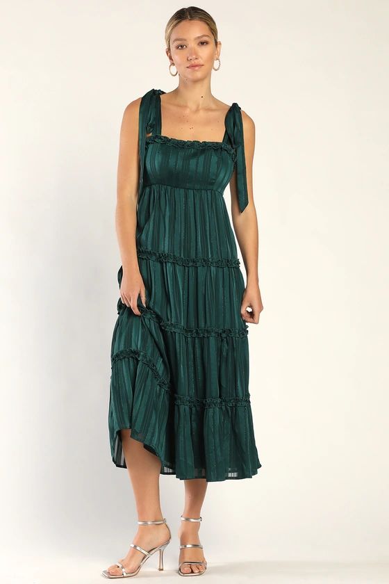 Day for Romance Emerald Green Tie-Strap Tiered Midi Dress | Lulus (US)