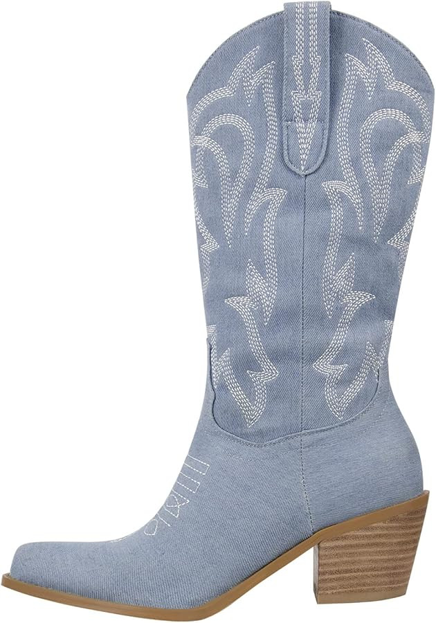 richealnini Women's Cowgirl Cowboy Boots Pull On Tab Embroidered Mid Calf Booties Western Boots i... | Amazon (US)