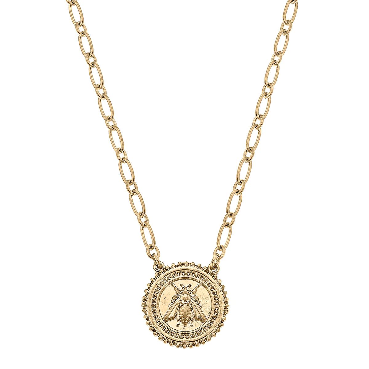 Nicolette Bee Medallion Pendant Necklace in Worn Gold | CANVAS