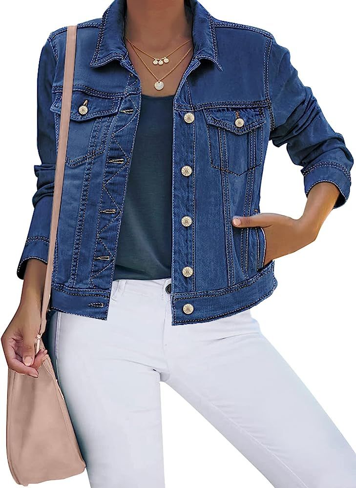 luvamia Women's Basic Button Down Stretch Fitted Long Sleeves Denim Jean Jacket | Amazon (US)