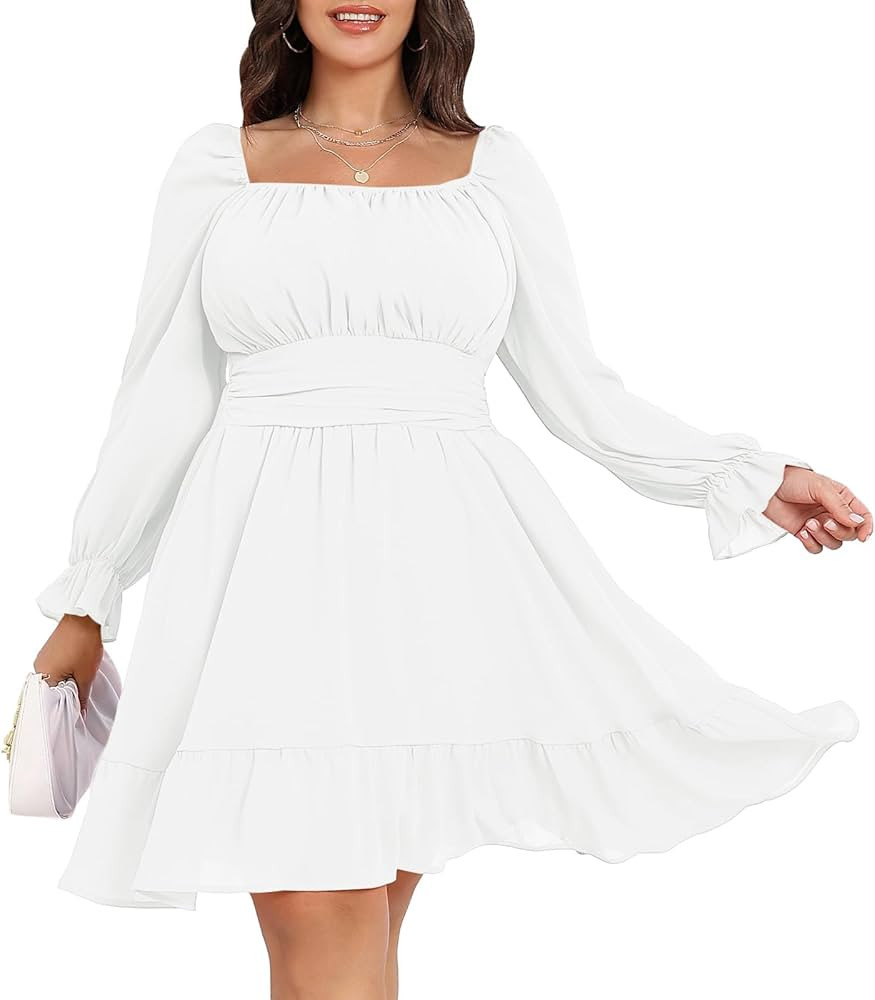 Byinns Women's 2024 Plus Size Tie Back Square Neck Mini Dress Long Lantern Sleeve Elastic Waist W... | Amazon (US)