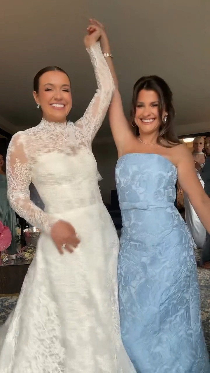 @allieholla 👰🏽‍♀️💙🥹  love this blue brocade column dress from @sachiandbabi - sooo comfy and flattering ! Perfect for a special event!! 

#bride #wedding #weddingday #weddingdress

#LTKStyleTip #LTKWedding #LTKParties