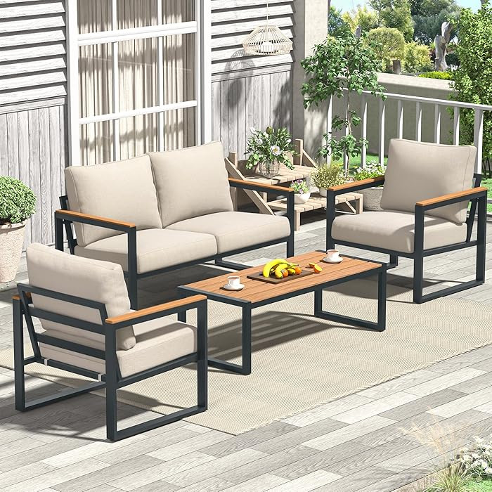 Patio Furniture Set, 4 Pieces Outdoor Patio Furniture with Coffee Table Set, Metal Patio Conversa... | Amazon (US)