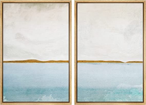 SIGNWIN Framed Canvas Print Wall Art Set Gold Blue Ocean Sea Beach Landscape Nature Wilderness Il... | Amazon (US)