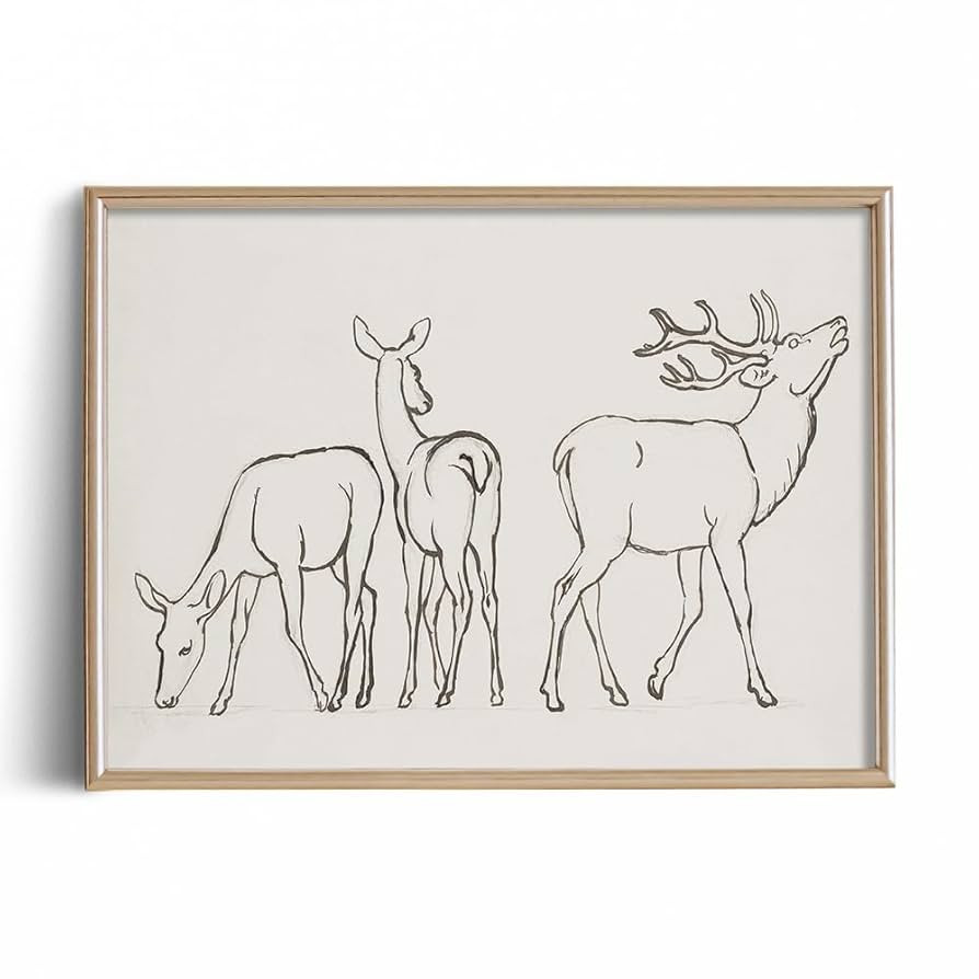 Deer Drawing Etching Rustic Gray Picture - Beige Deer Elk Moose Print Poster - Vintage Farmhouse ... | Amazon (US)